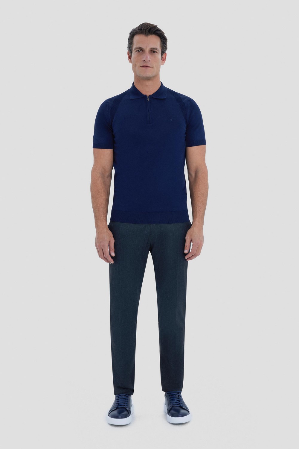 Lacivert Reglan Fermuarlı Polo Yaka Triko T-shırt