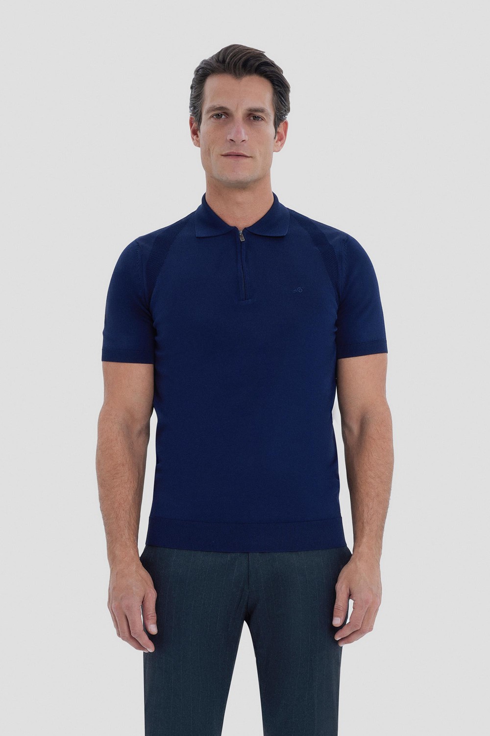 Lacivert Reglan Fermuarlı Polo Yaka Triko T-shırt