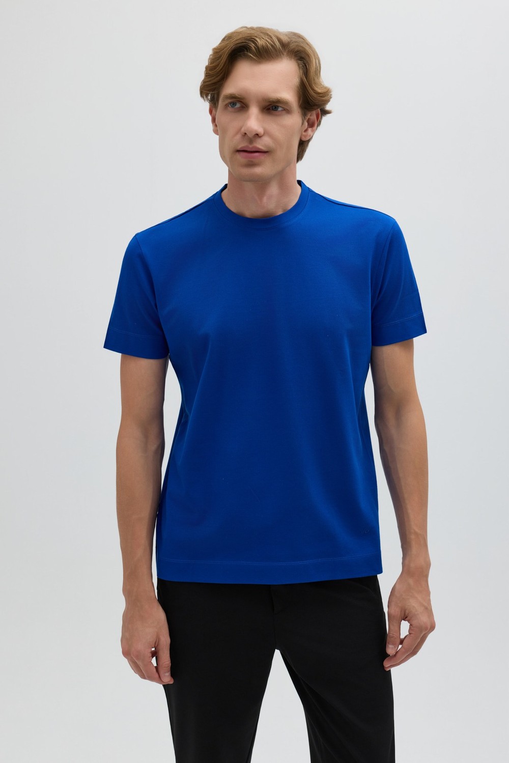 Saks Mavi %100 Pamuk Regular Fit Dokuma Bisiklet Yaka Basic T-Shirt