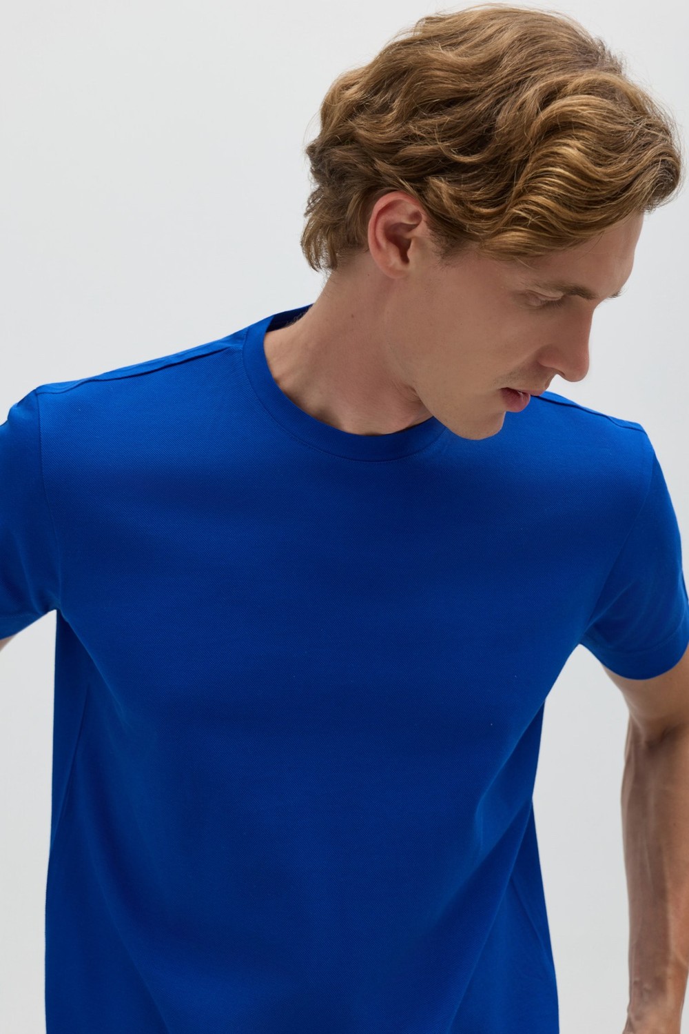 Saks Mavi %100 Pamuk Regular Fit Dokuma Bisiklet Yaka Basic T-Shirt