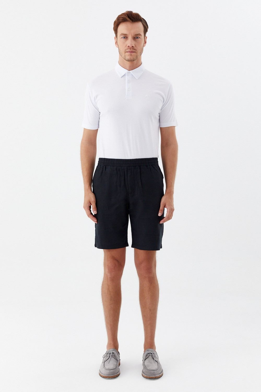 Siyah %100 Keten Regular Fit Beli Lastikli Bermuda Şort