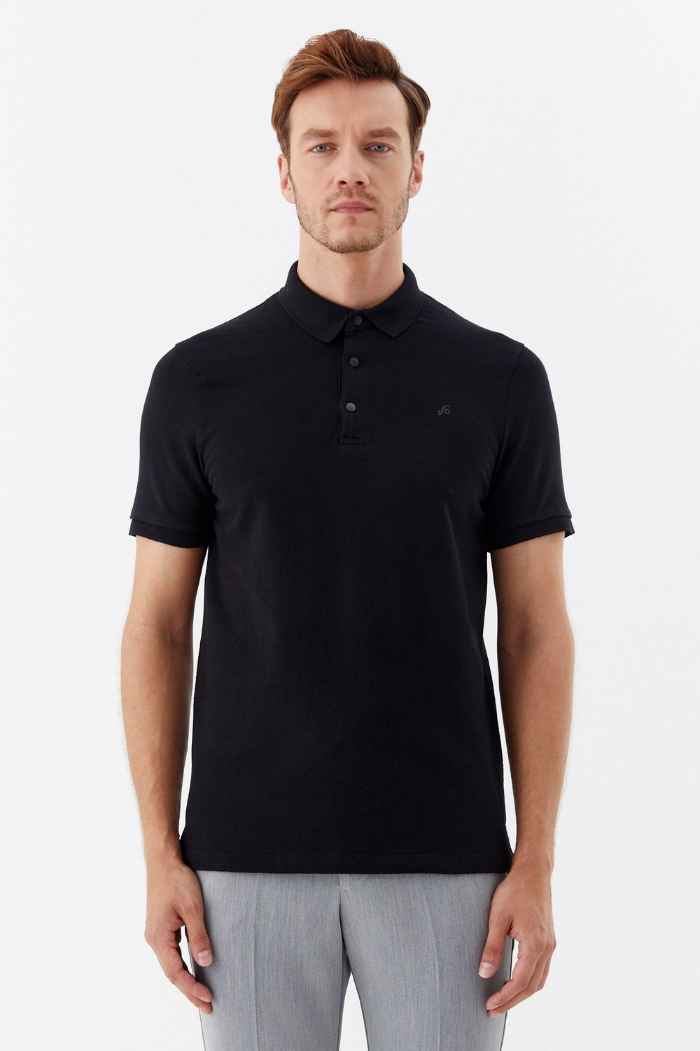 Siyah 100% Pamuk Çıtçıt Kapama Polo Yaka Kısa Kollu T-shirt