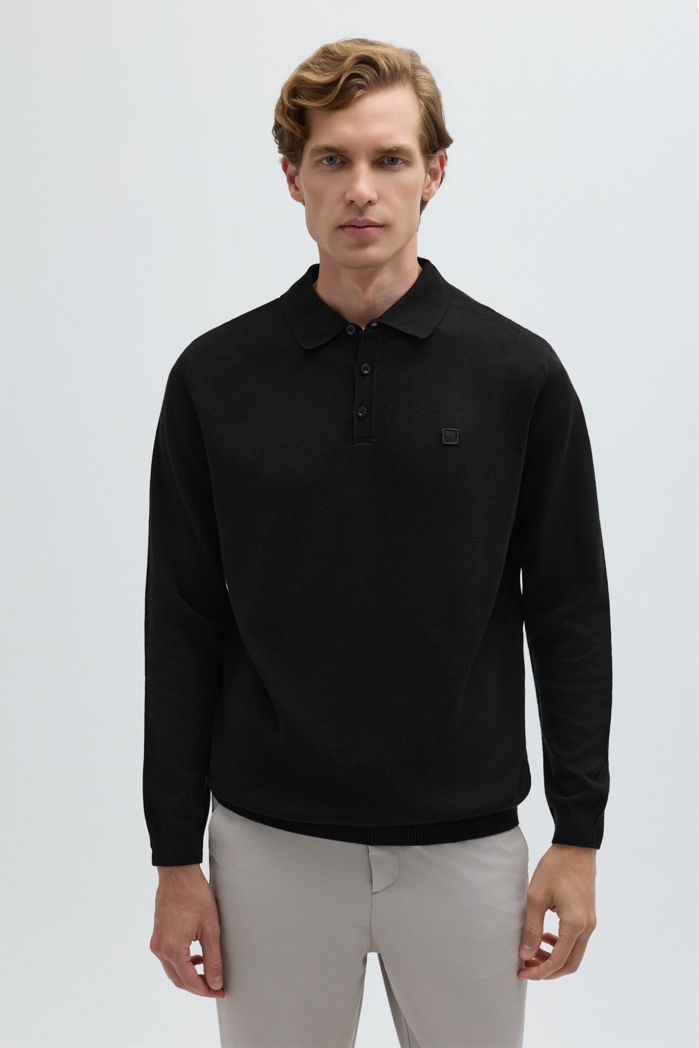 Siyah Regular Fit Pamuklu Polo Yaka Triko Kazak