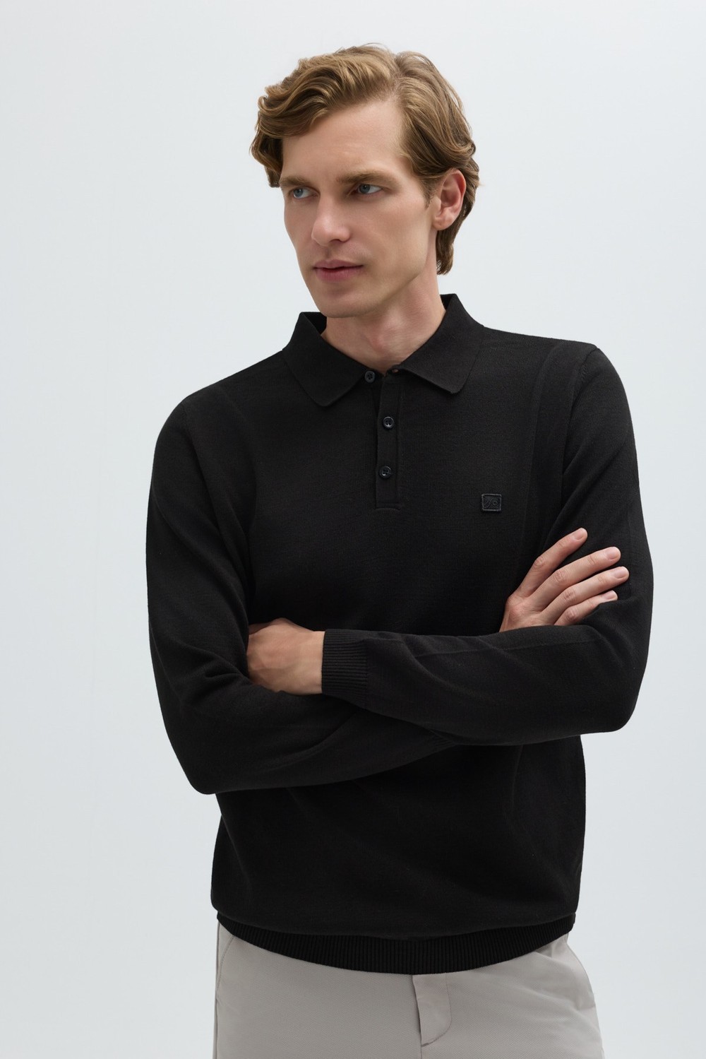 Siyah Regular Fit Pamuklu Polo Yaka Triko Kazak