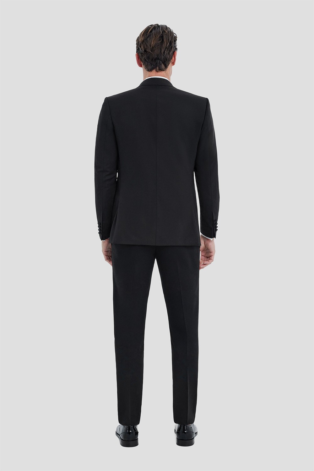 Erkek Siyah Dar Kesim Slim Fit Viskon Şal Yaka Fleto Kapaklı Cep Çift Yırtmaçlı 6 Drop Smokin Takım Elbise