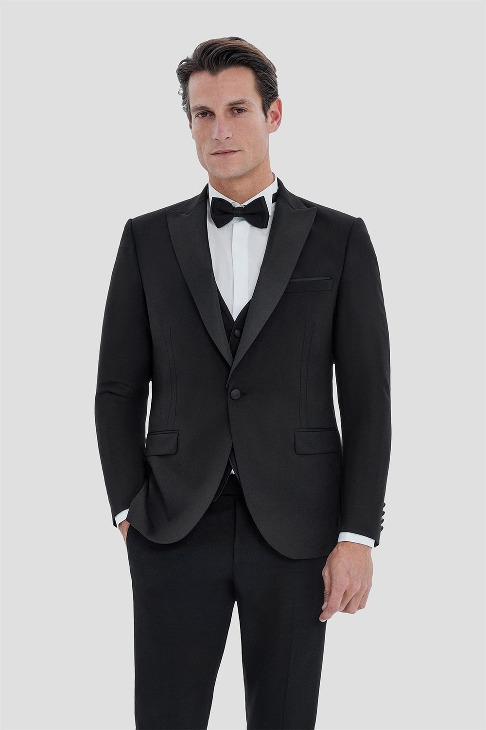 Erkek Siyah Dar Kesim Slim Fit Viskon Şal Yaka Fleto Kapaklı Cep Çift Yırtmaçlı 6 Drop Smokin Takım Elbise