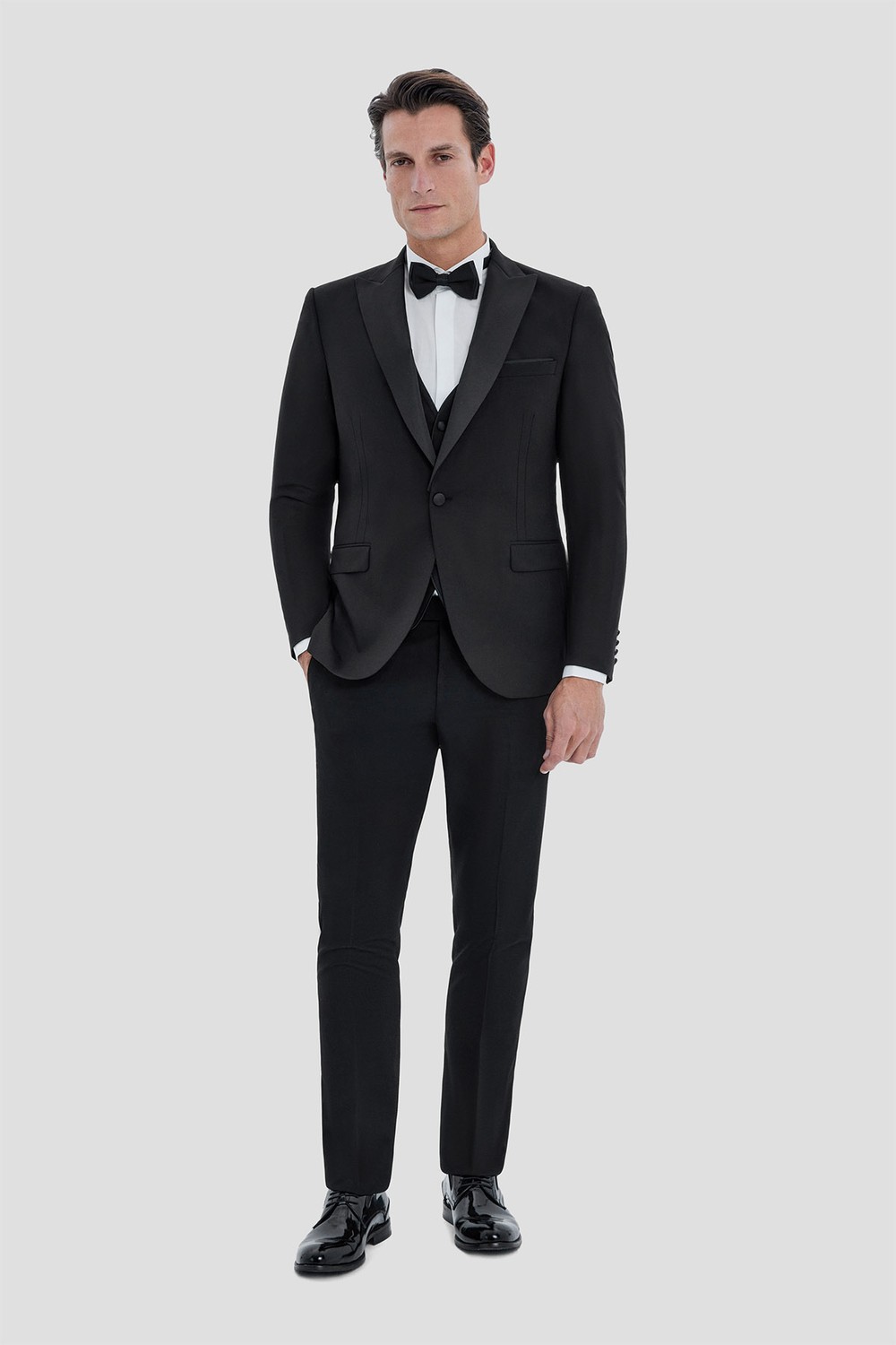 Erkek Siyah Dar Kesim Slim Fit Viskon Şal Yaka Fleto Kapaklı Cep Çift Yırtmaçlı 6 Drop Smokin Takım Elbise