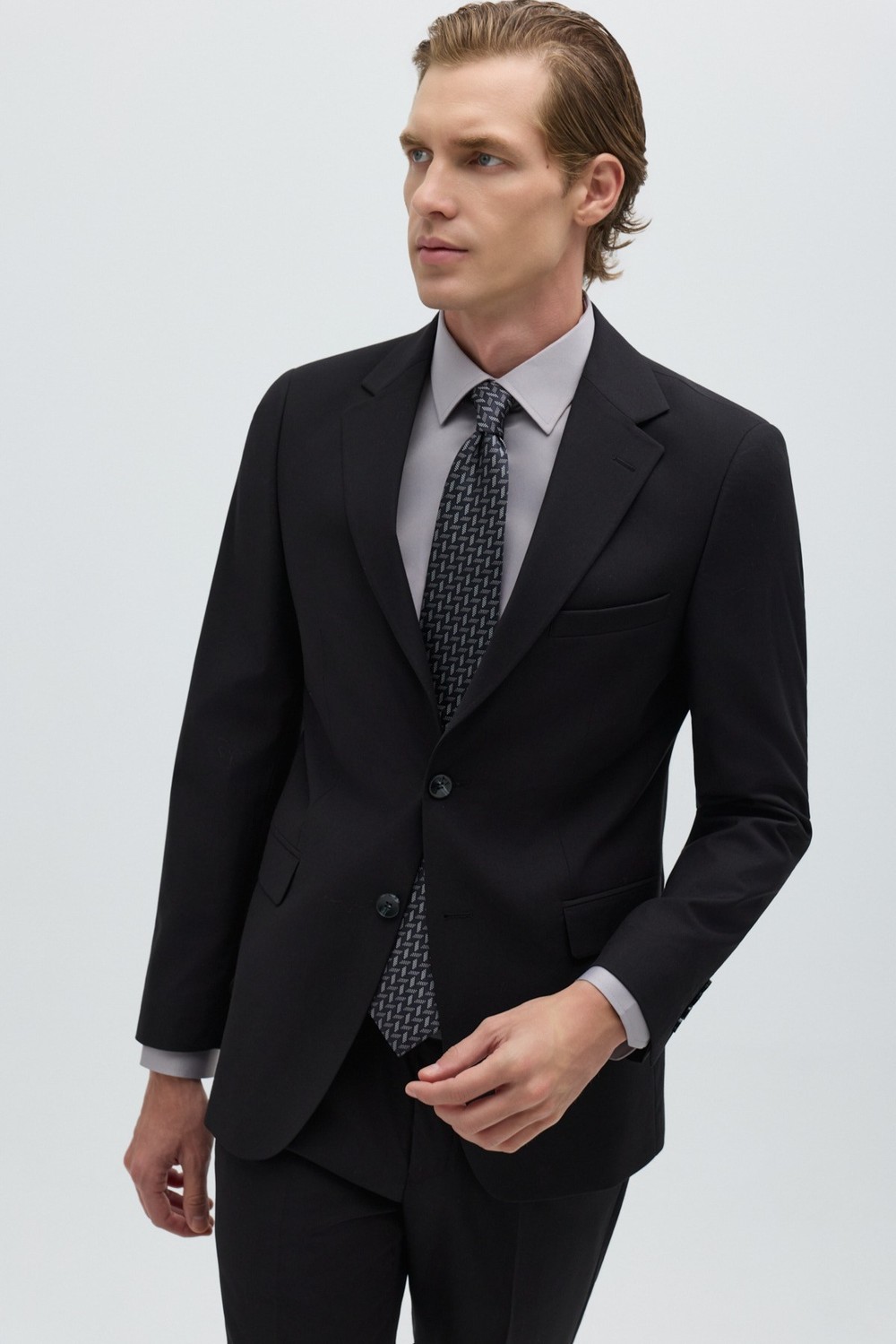 Siyah Slim Fit Düz Paça 6 Drop Mono Yaka Klasik Takım Elbise