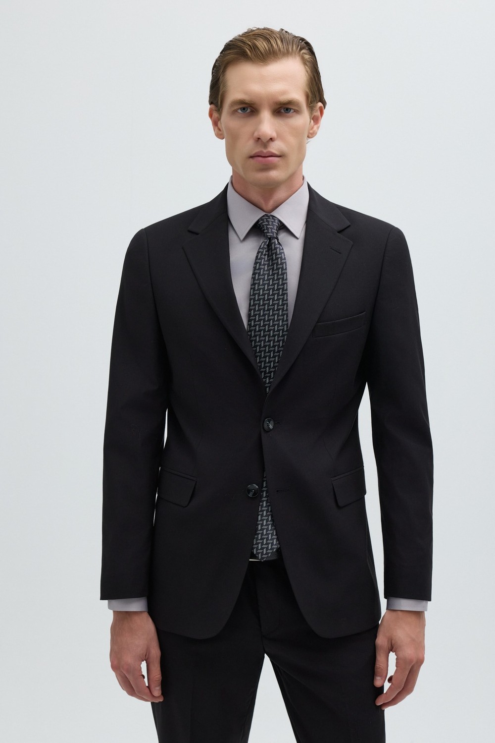 Siyah Slim Fit Düz Paça 6 Drop Mono Yaka Klasik Takım Elbise