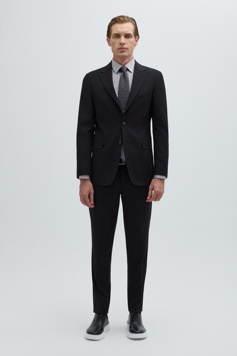 Siyah Slim Fit Düz Paça 6 Drop Mono Yaka Klasik Takım Elbise
