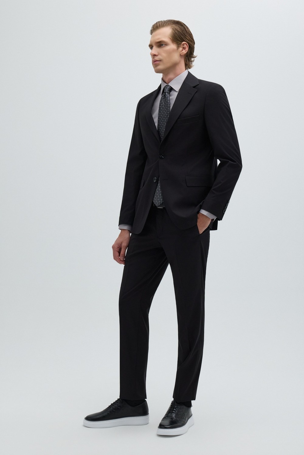 Siyah Slim Fit Düz Paça 6 Drop Mono Yaka Klasik Takım Elbise