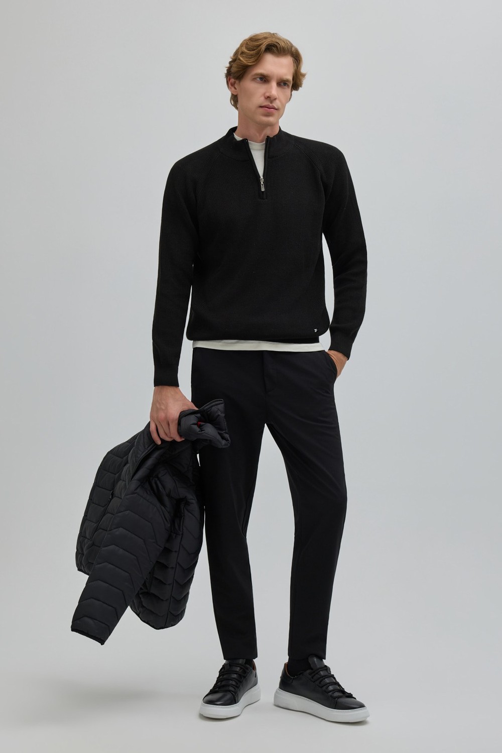 Siyah Slim Fit Fermuarlı Yarım Balıkçı Yaka Triko Kazak