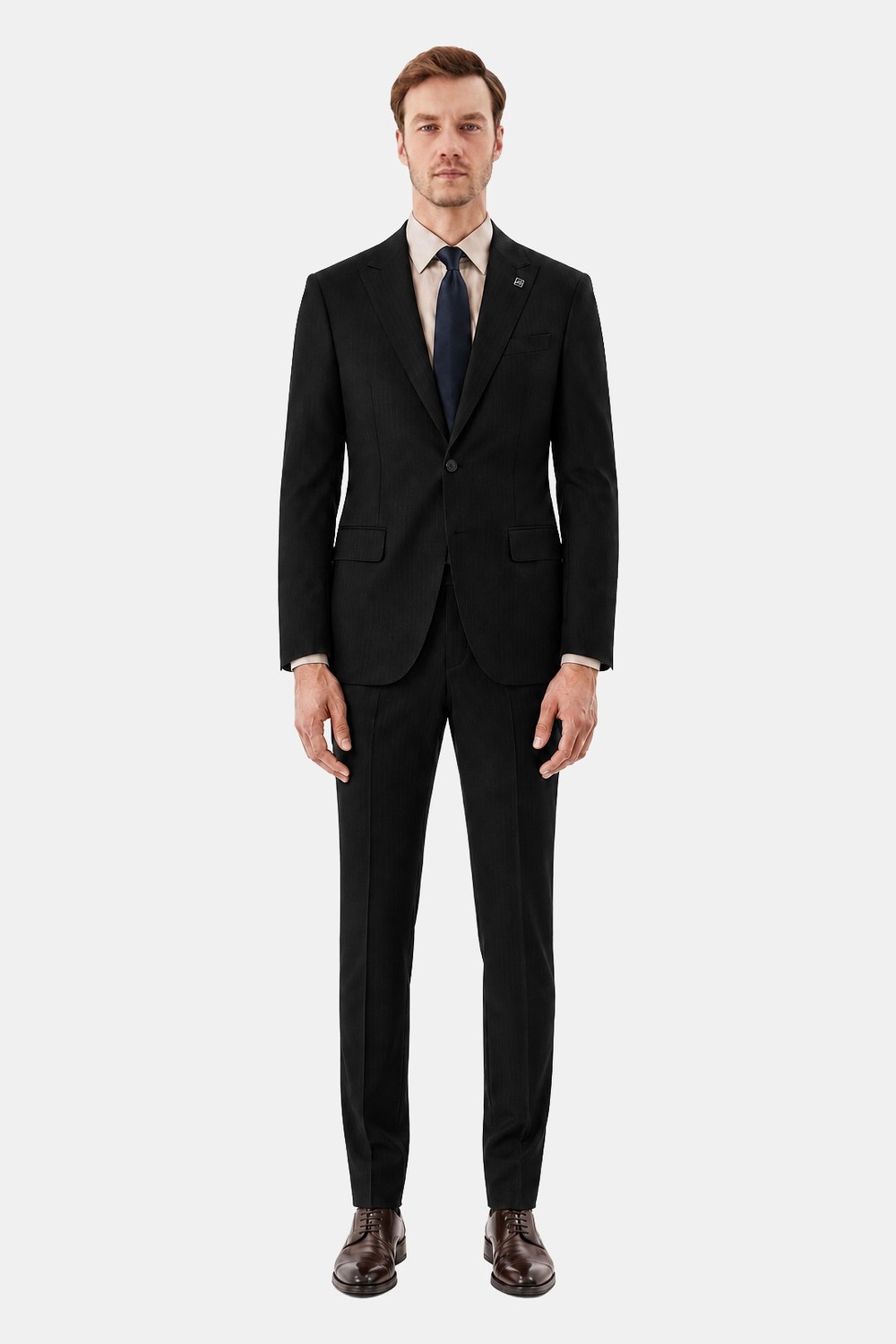 Siyah Yün Karışımlı Çizgili Sivri Yaka Klasik Paça Tam Astarlı 6 Drop Slim Fit Takım Elbise