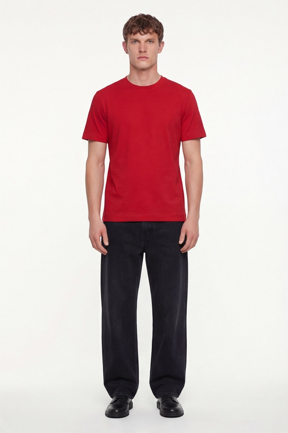 Kırmızı %100 Pamuk Regular Fit Dokuma Bisiklet Yaka Basic T-Shirt