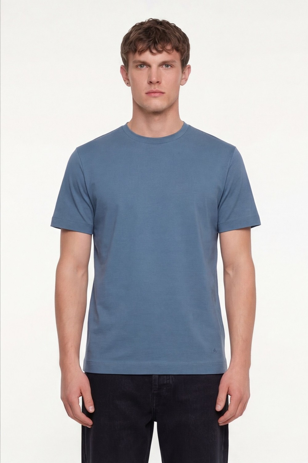 Pilot Mavi %100 Pamuk Regular Fit Dokuma Bisiklet Yaka Basic T-Shirt