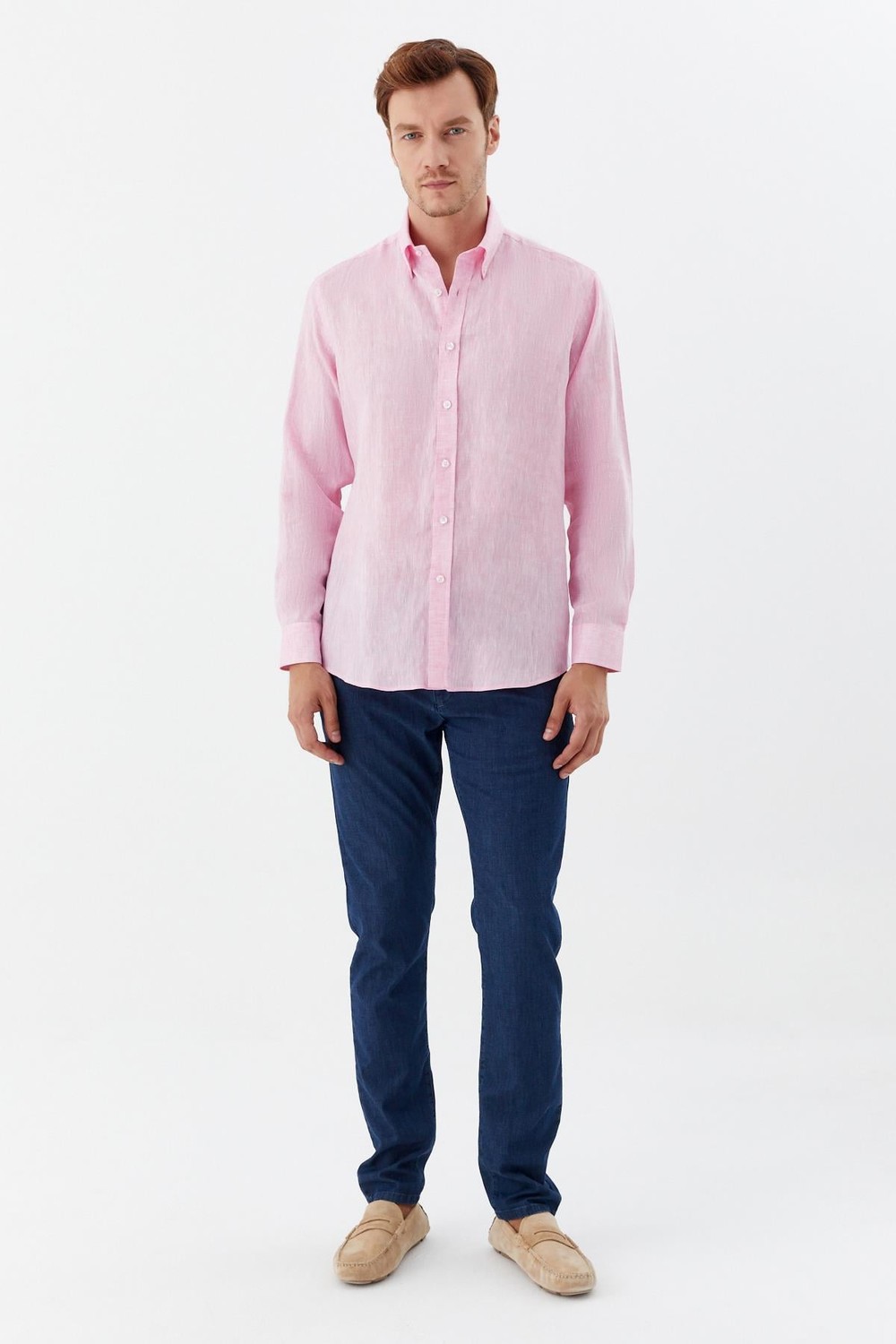 Pembe %100 Keten Regular Fit Uzun Kollu Düğmeli Yaka Gömlek 