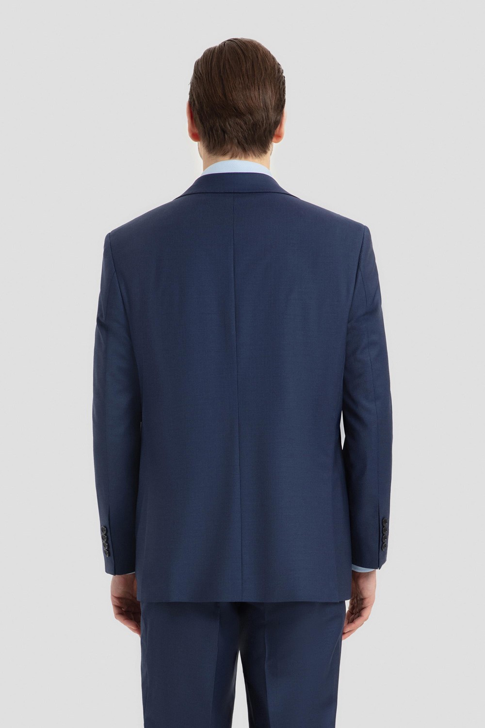 Erkek Açık Lacivert Dar Kesim Slim Fit Yünlü Çizgili Fleto Kapaklı Cep Çift Yırtmaçlı Tam Astarlı Mono Yaka 4 Drop Takım Elbise