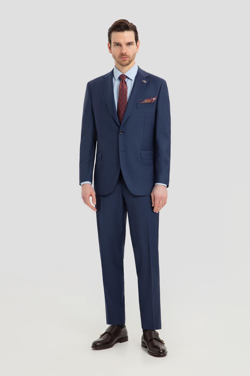 Erkek Açık Lacivert Dar Kesim Slim Fit Yünlü Çizgili Fleto Kapaklı Cep Çift Yırtmaçlı Tam Astarlı Mono Yaka 4 Drop Takım Elbise