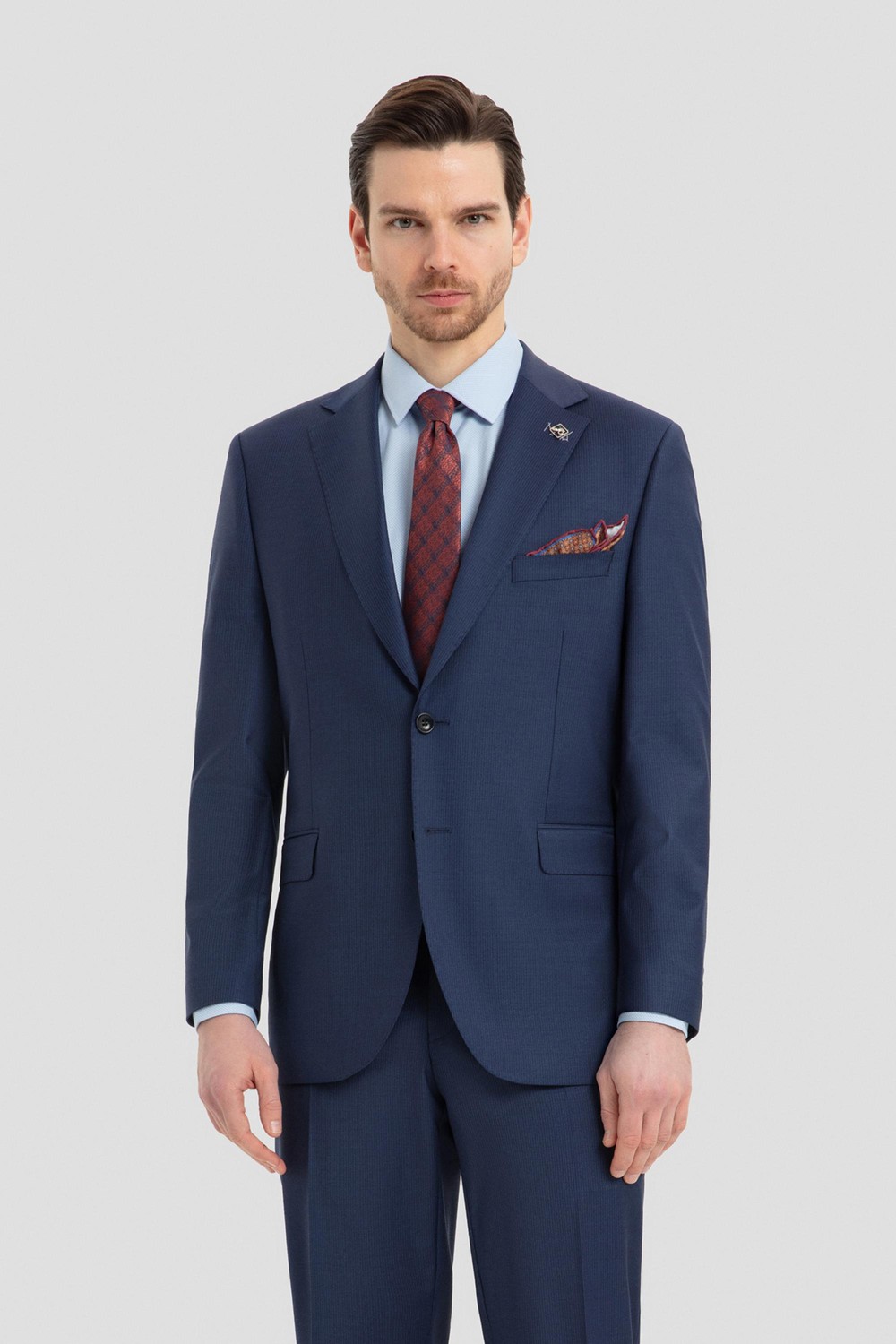 Erkek Açık Lacivert Dar Kesim Slim Fit Yünlü Çizgili Fleto Kapaklı Cep Çift Yırtmaçlı Tam Astarlı Mono Yaka 4 Drop Takım Elbise