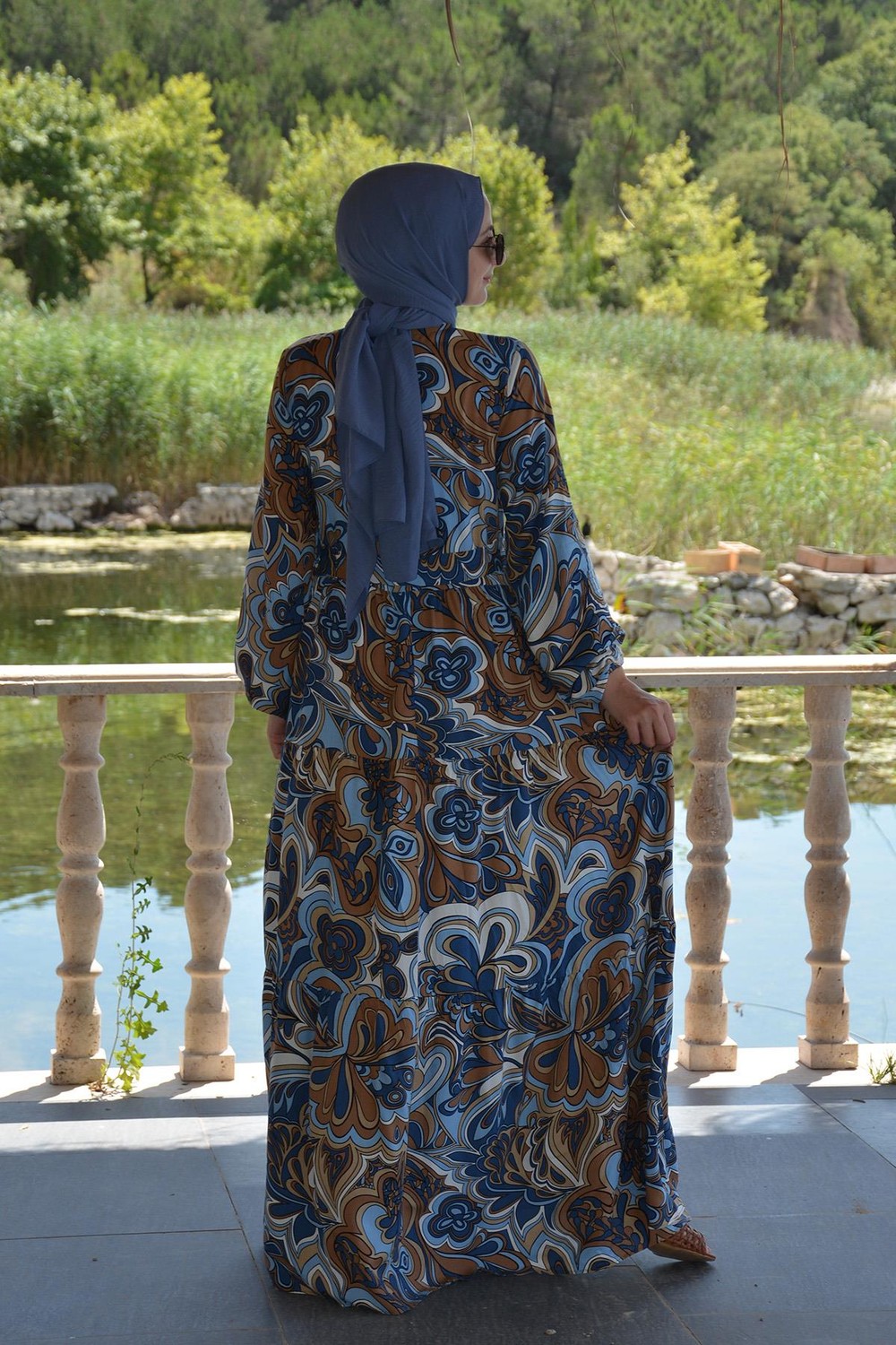 Bahamra Mavi Desenli Elbise