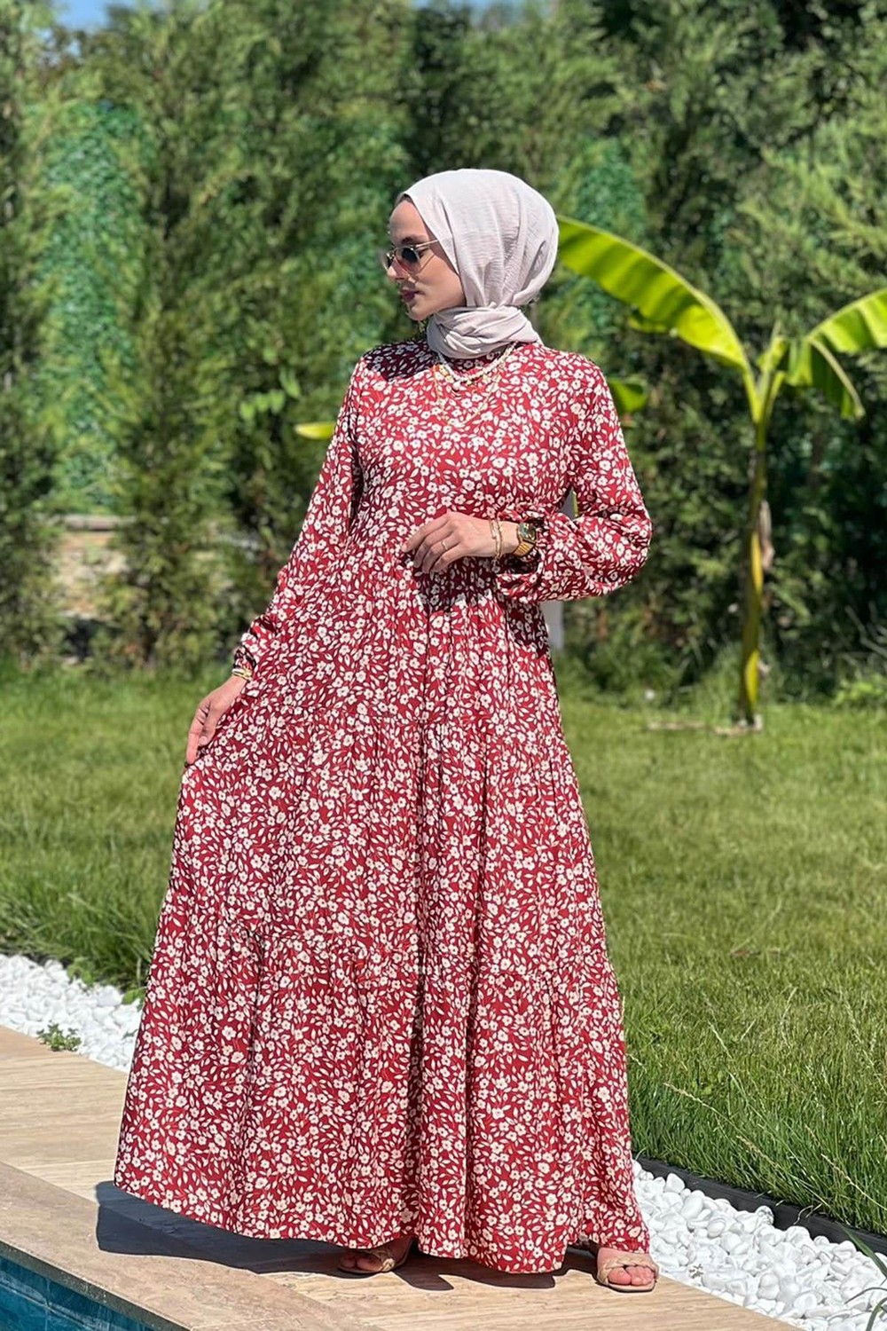 Nilüfer Bordo Çiçekli Elbise