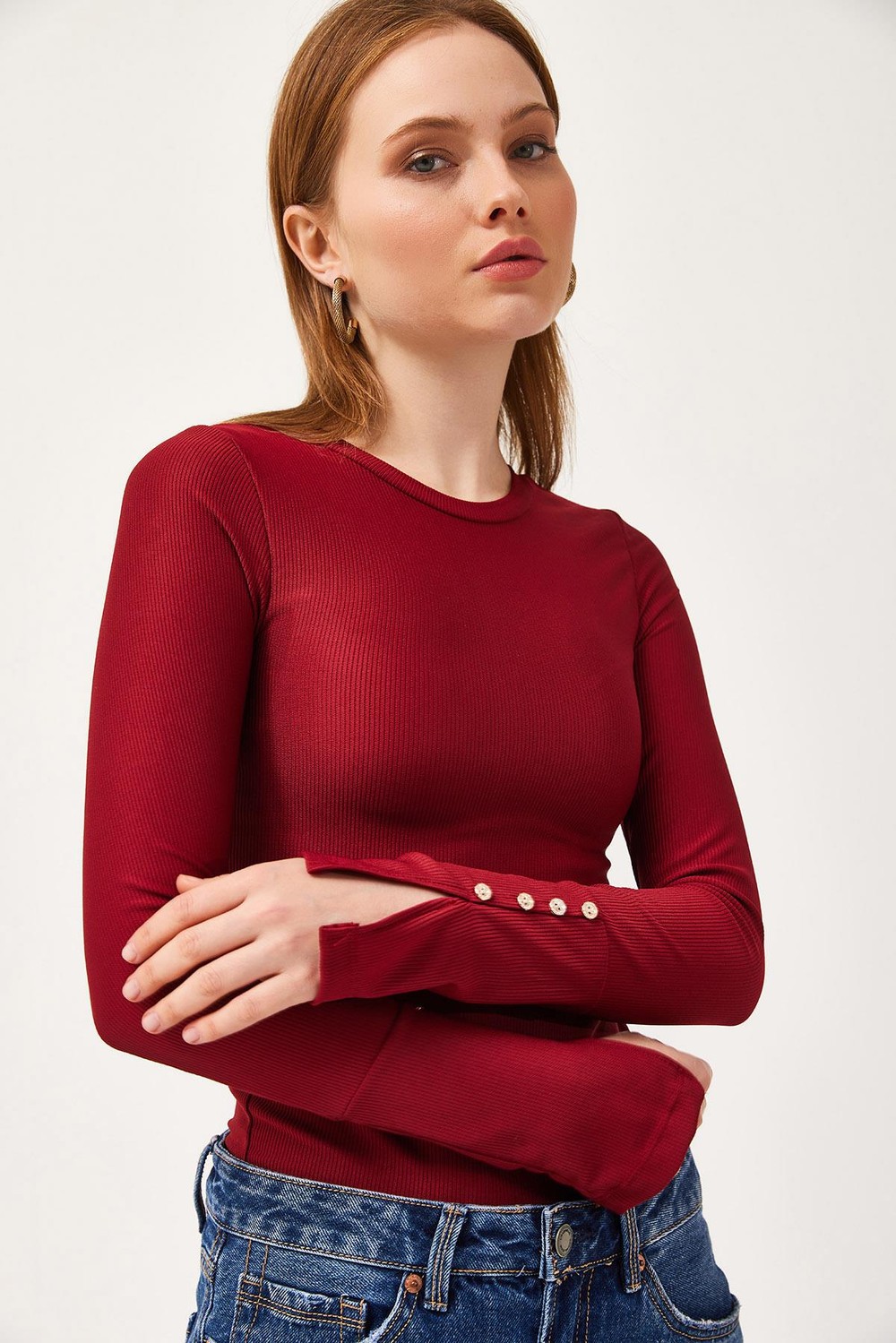 Kolu Düğmeli Bisiklet Yaka Bluz Bordo