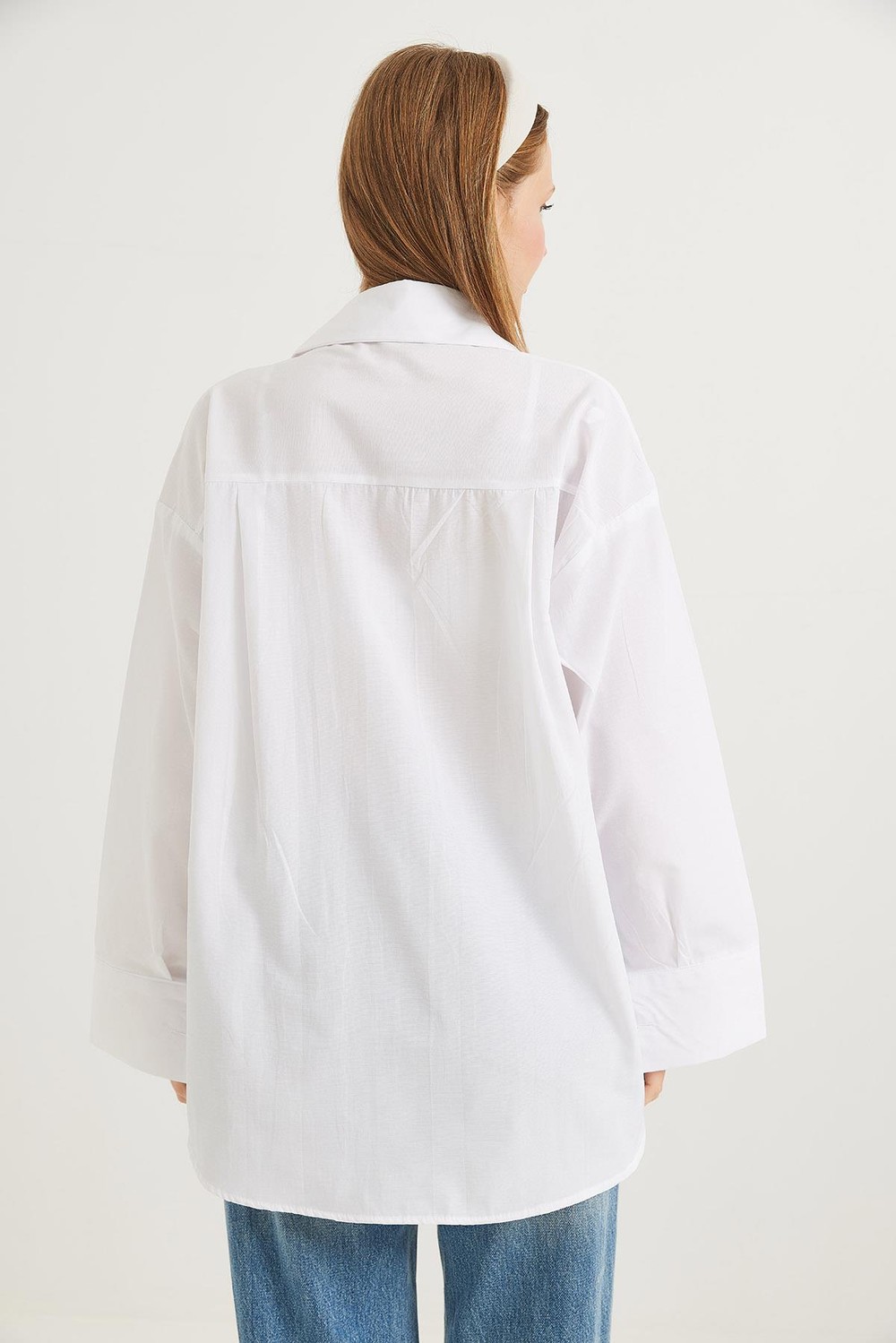 Kalp Nakışlı  Oversize Basic Gömlek Beyaz