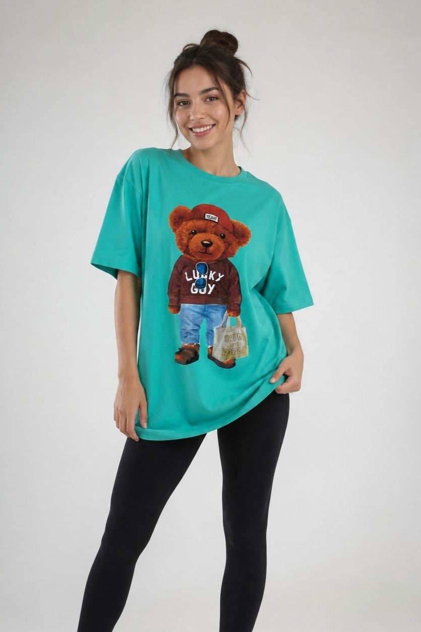 Ayıcık Baskılı Pamuklu Bisiklet Yaka Tshirt Yeşil