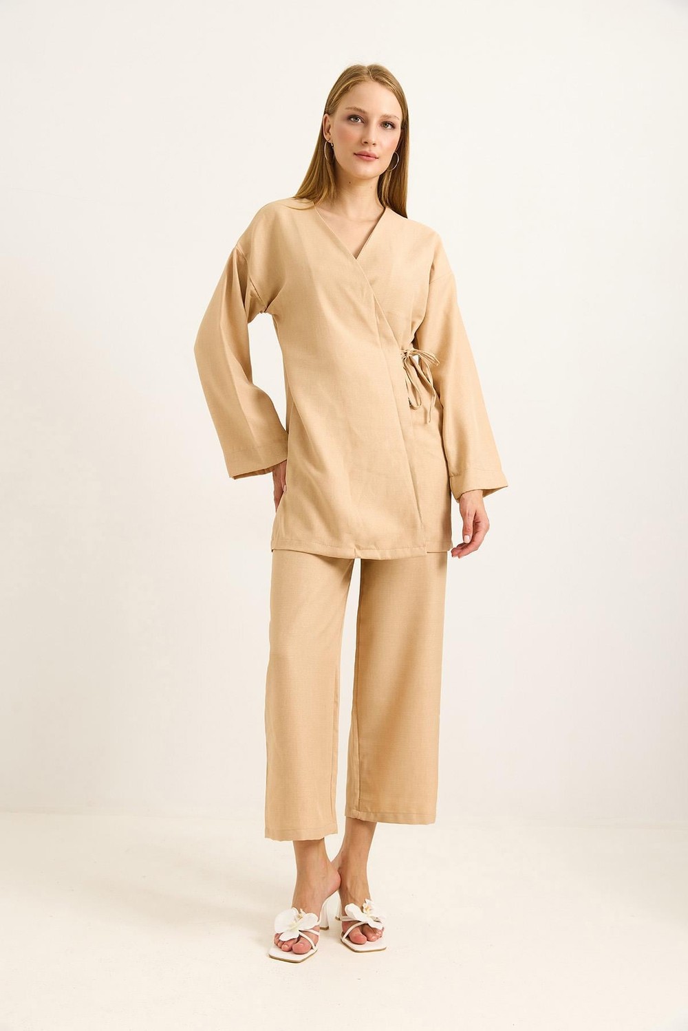 Yandan Bağlamalı Kimono Pantolon İkili Takım Vizon