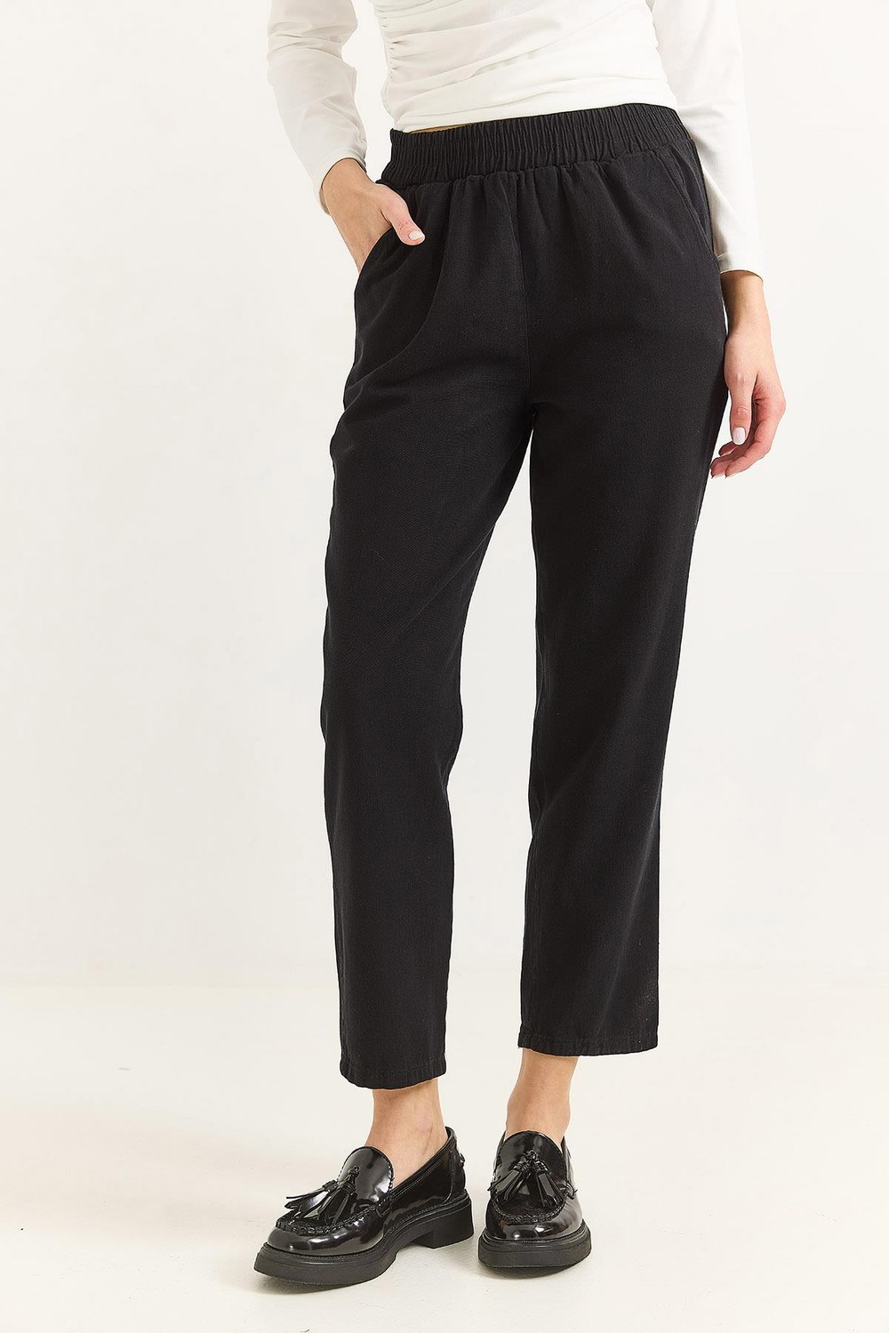 Kadın Elastan Kemerli Mom Pantalon Siyah