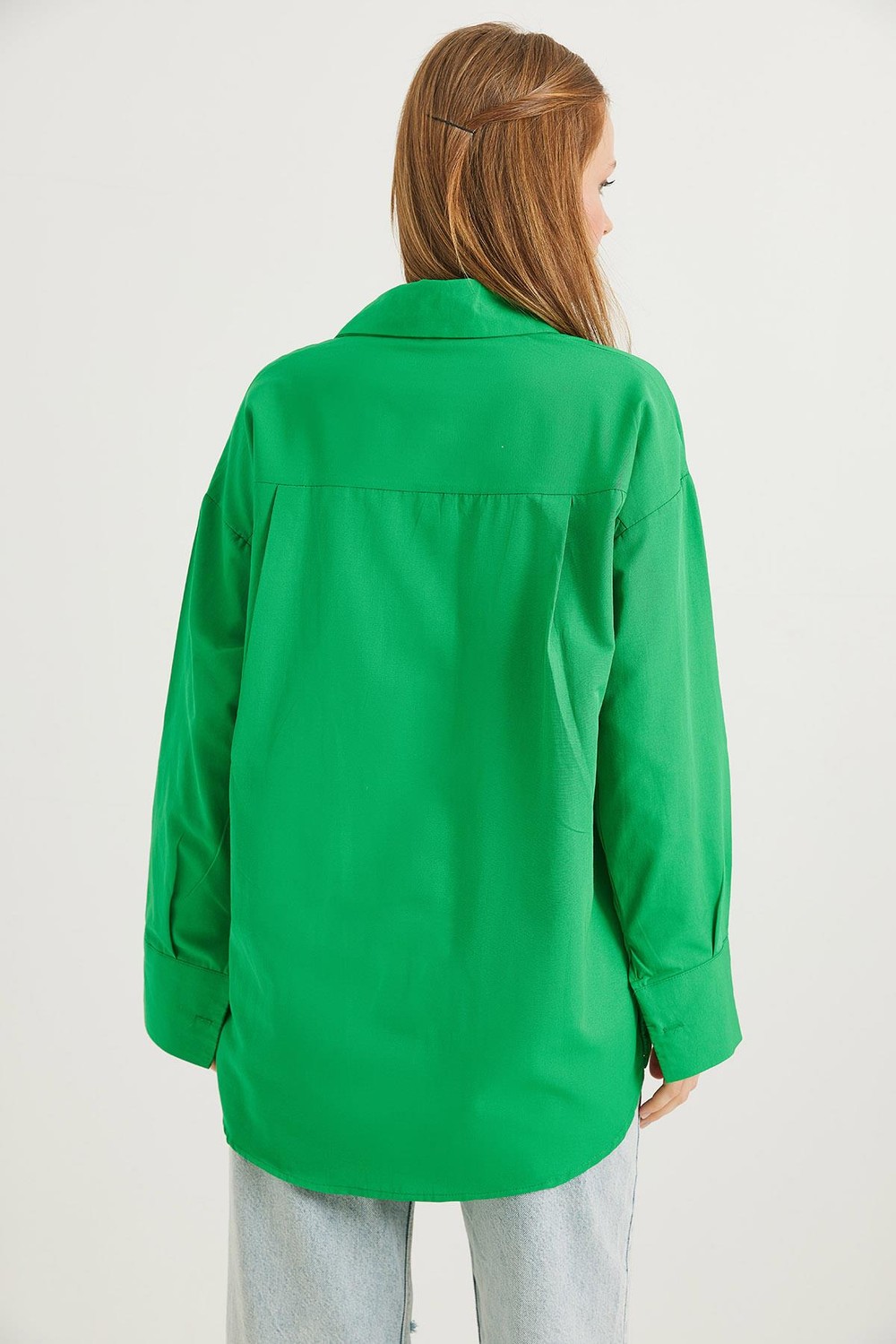 Ayıcık Nakışlı Oversize Basic Gömlek Yeşil