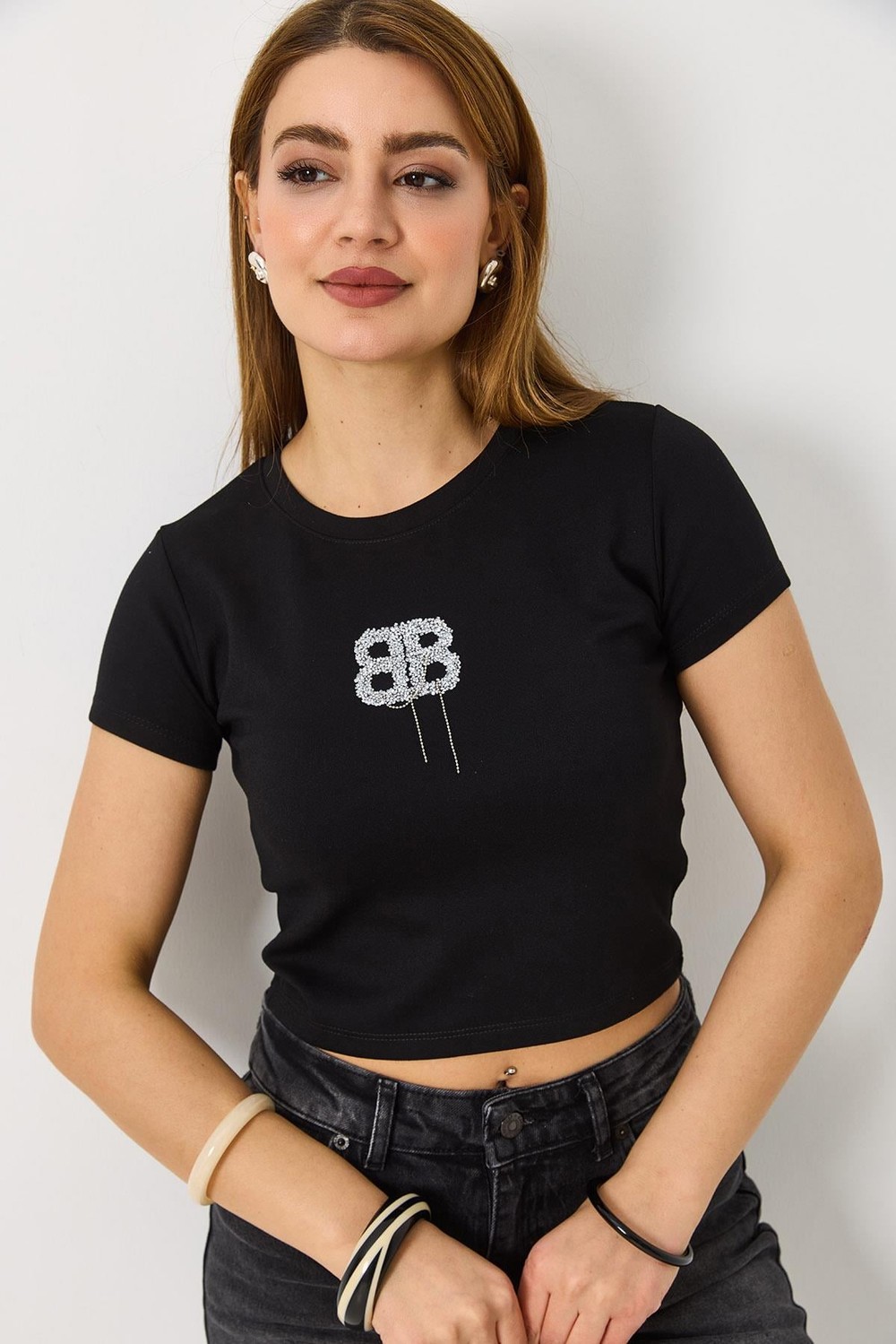 Kadın  Kısa Kollu Taşlı Crop Bluz Siyah