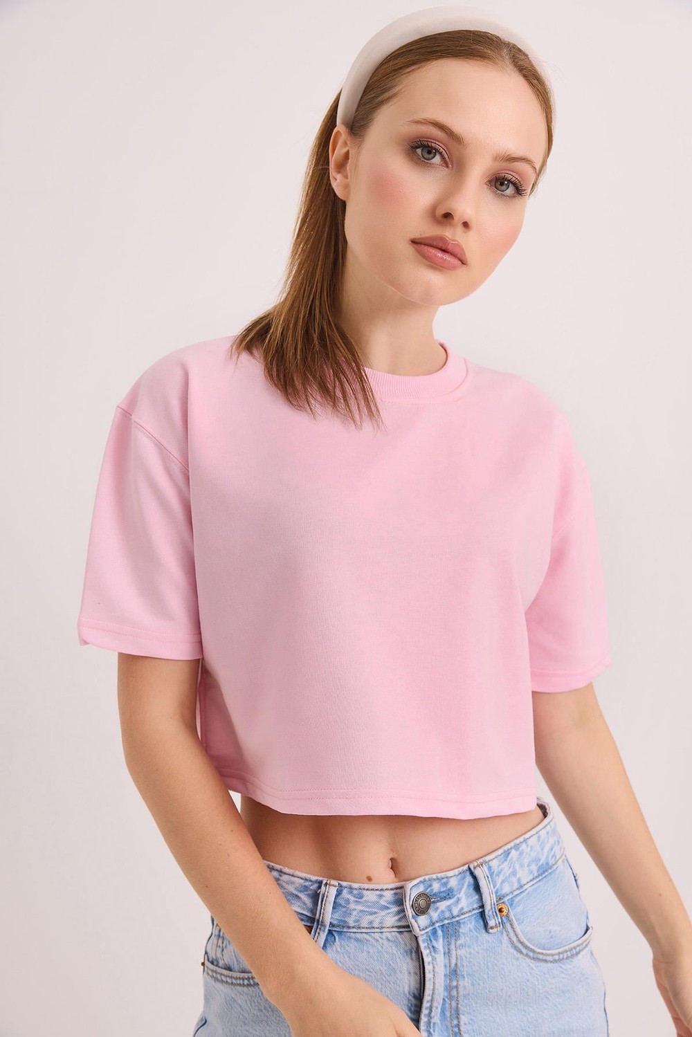 Bisiklet Yaka İki İplik Crop Bluz Açık Pembe