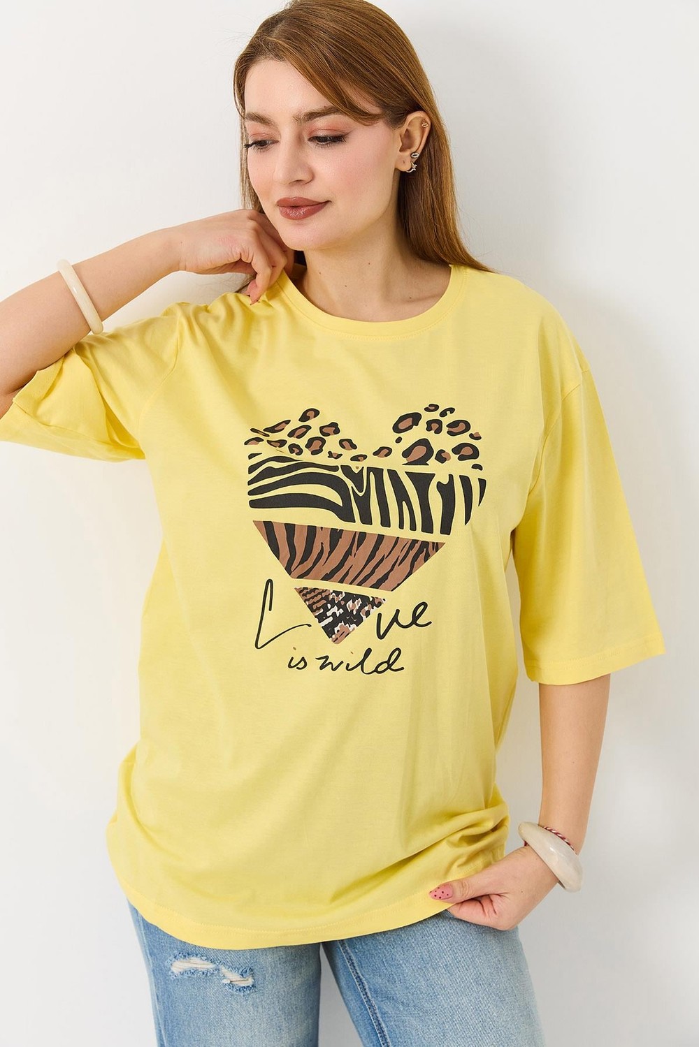 Kadın Kalp Baskılı Bisiklet Yaka Tshirt Sarı