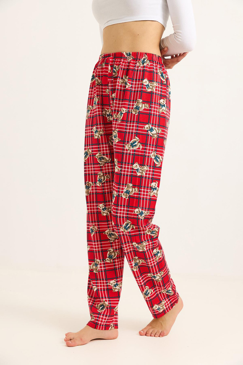 Beli Lastikli Pijama Ayıcık Desenli Pijama Altı Kırmızı