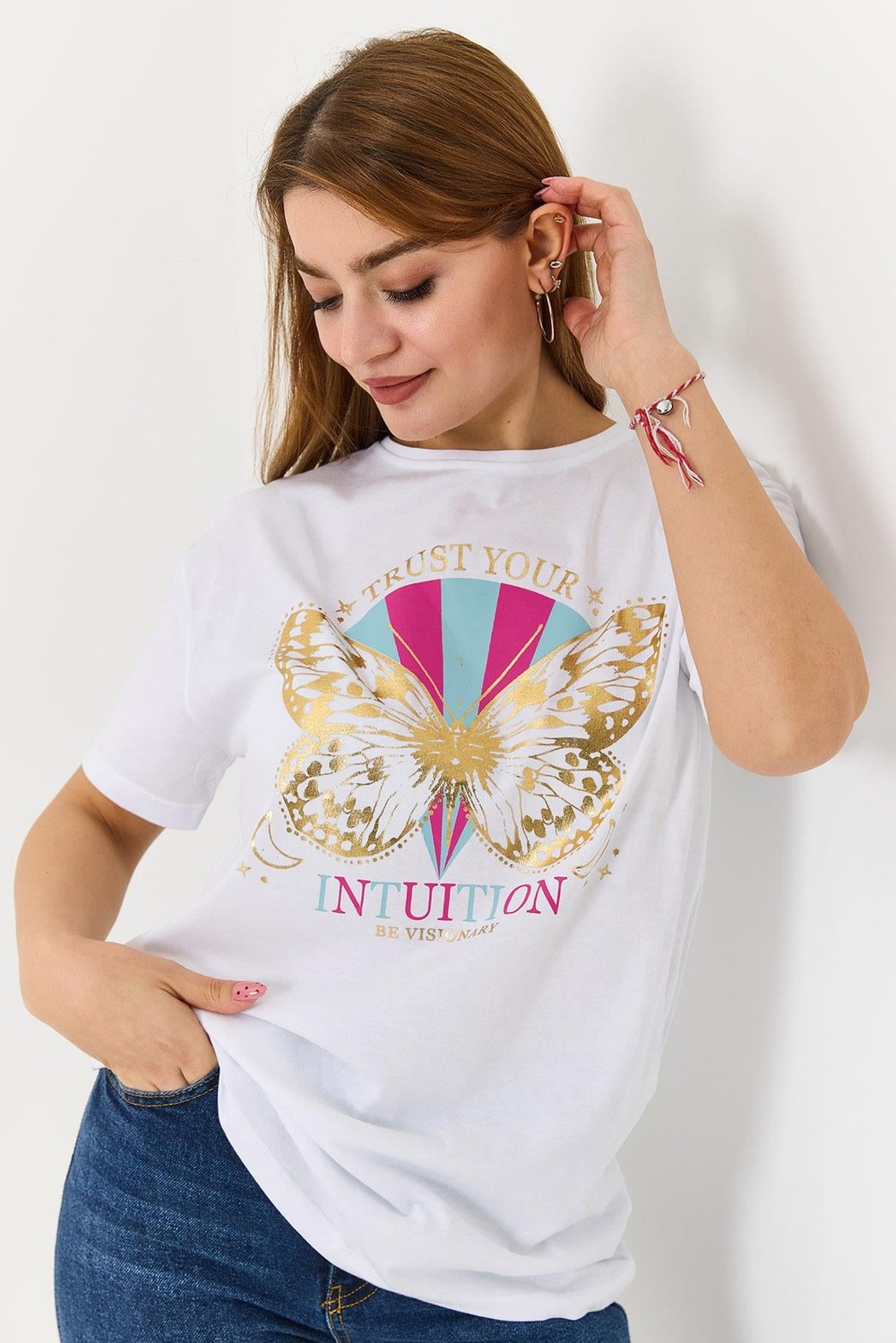 Kadın  Bisiklet Yaka Baskılı Kısa Kol Tshirt Beyaz