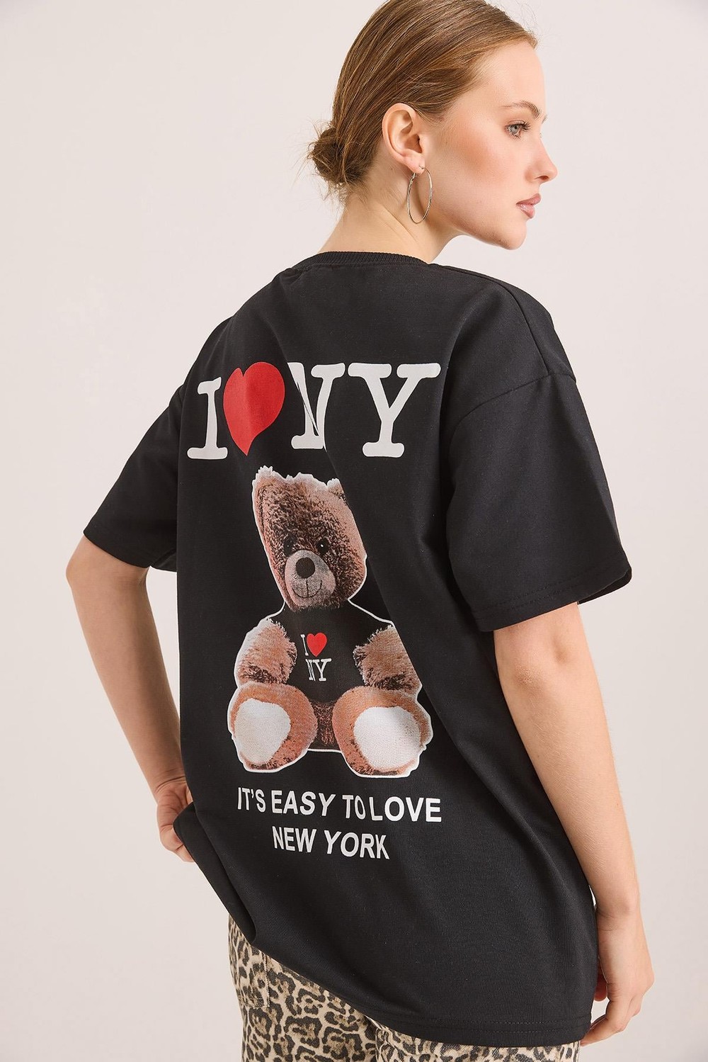 Ön Ve Arka Baskılı İki İp Oversize Örme Tshirt Siyah
