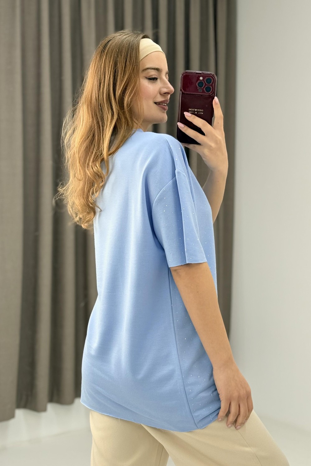 V Yaka Taşlı Yarım Kol T-shirt Mavi