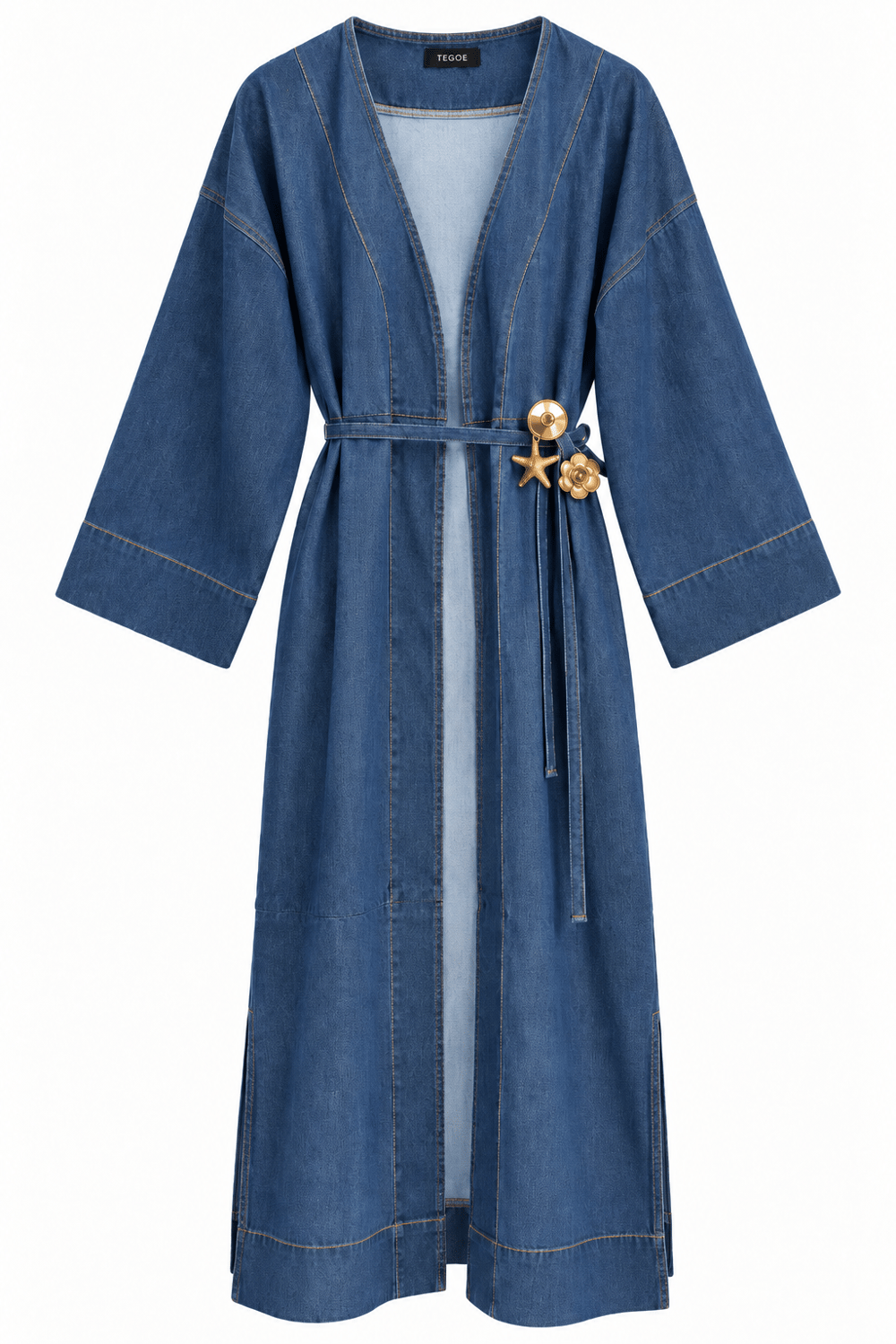 Kadın Yanları Yırtmaçlı Önden Bağlama Ve Charm Detaylı Jean Kap/Abaya Mavi