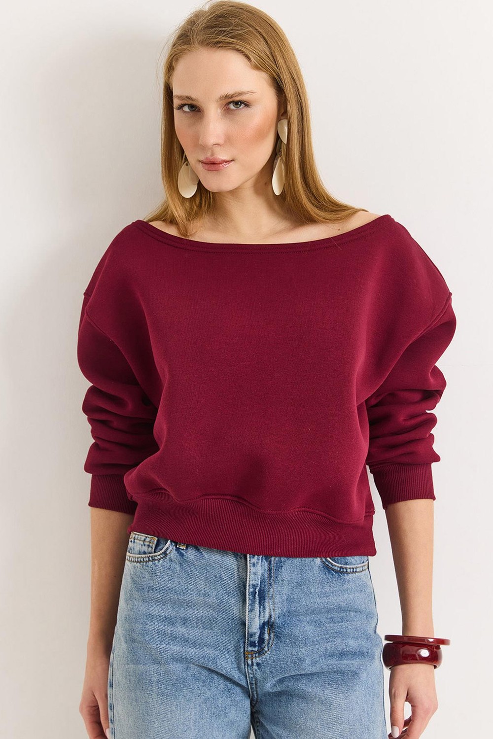 Kadın Bordo Kayık Yaka Üç İplik Şardonlu Sweat
