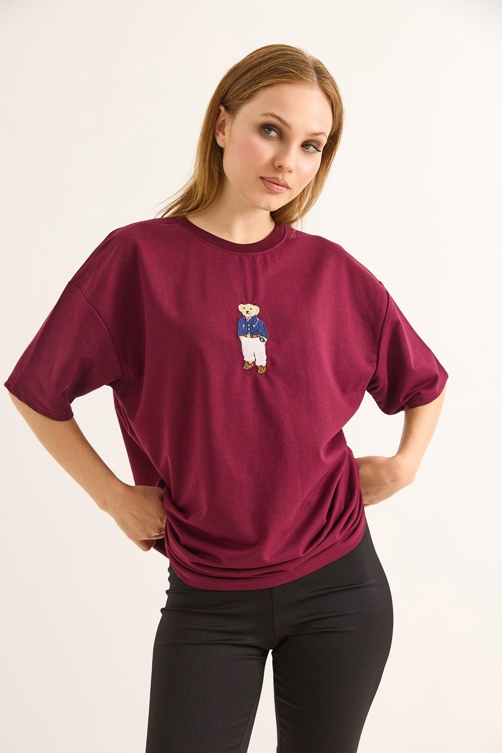Rahat Kalıp Baskılı Kadın Tshirt Bordo