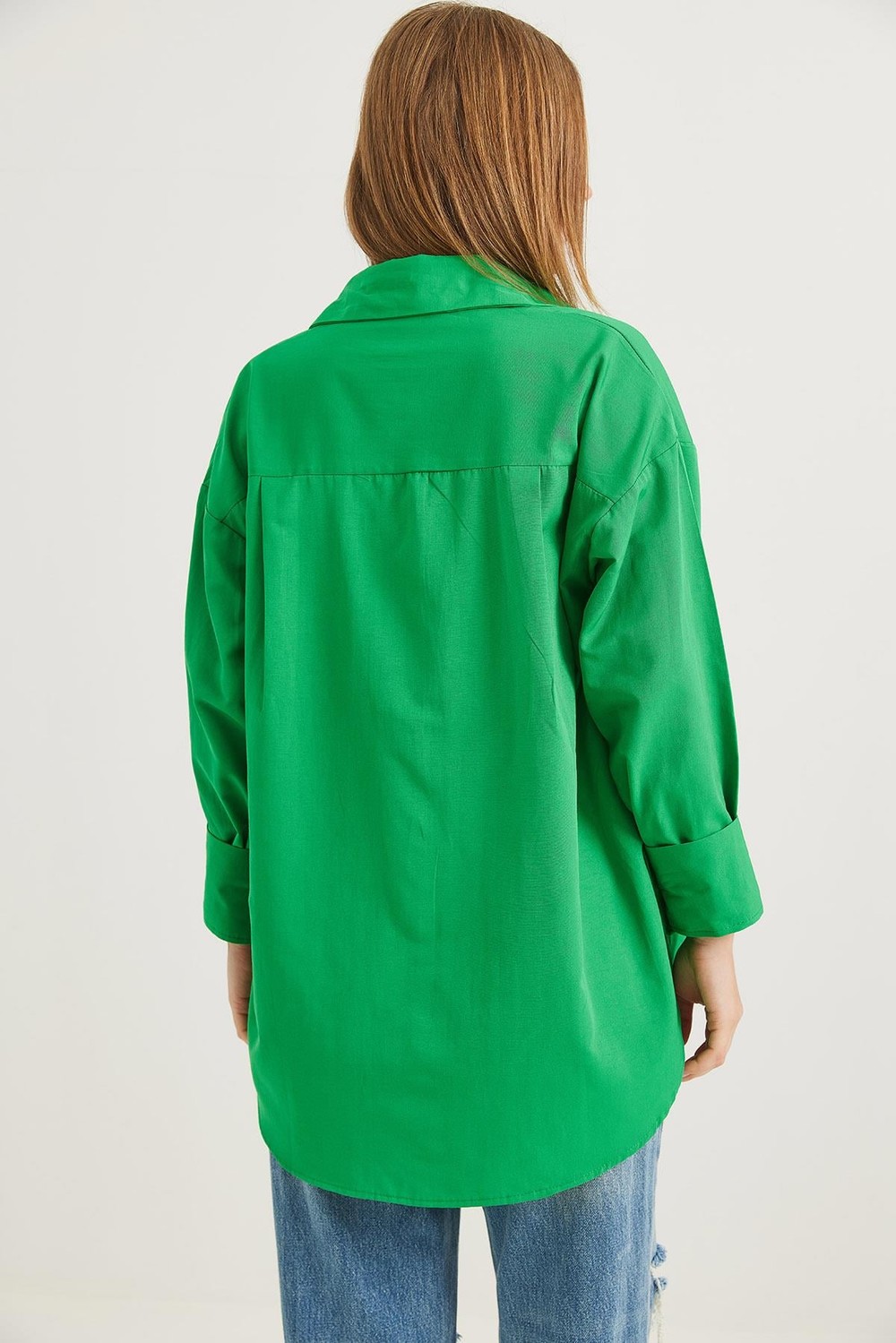 Kalp Nakışlı  Oversize Basic Gömlek Yeşil