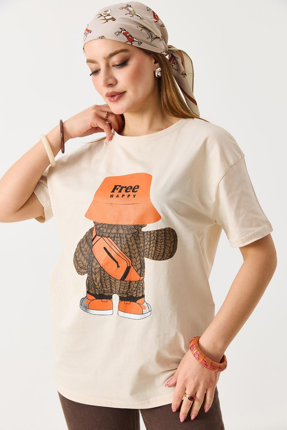 Kadın Baskılı Bisiklet Yaka Kısa Kol Tshirt Krem