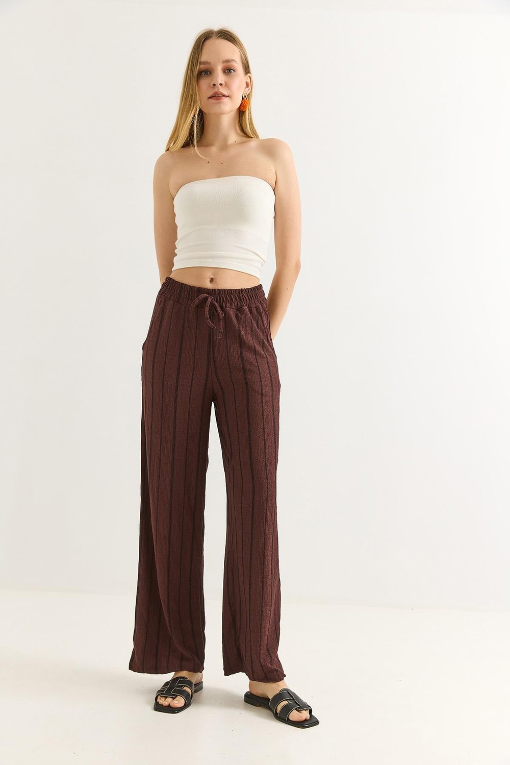 Bürümcük Çizgili Rahat Kesim Pantalon Kahverengi