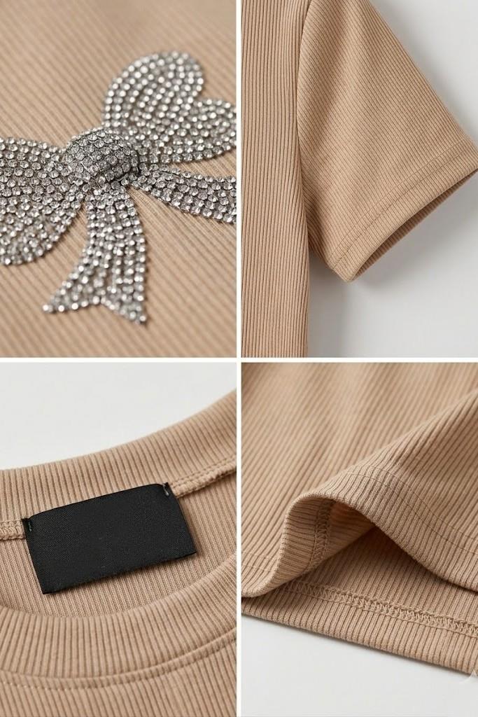 Kadın Taş Baskılı Kısa Kollu Kaşkorse Crop Bluz