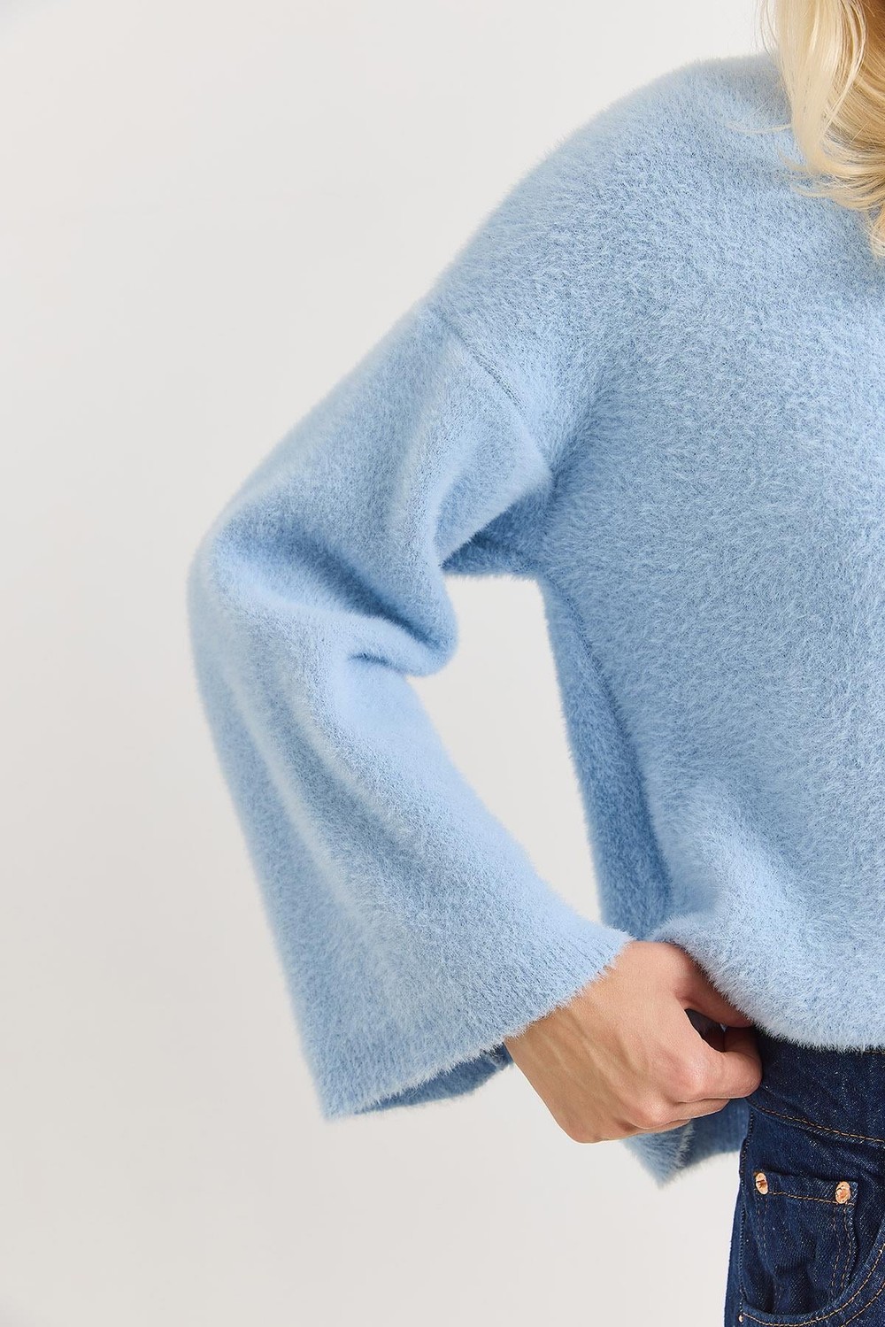 Kadın Bisiklet Yaka Oversize Yumuşak Tüylü Mavi