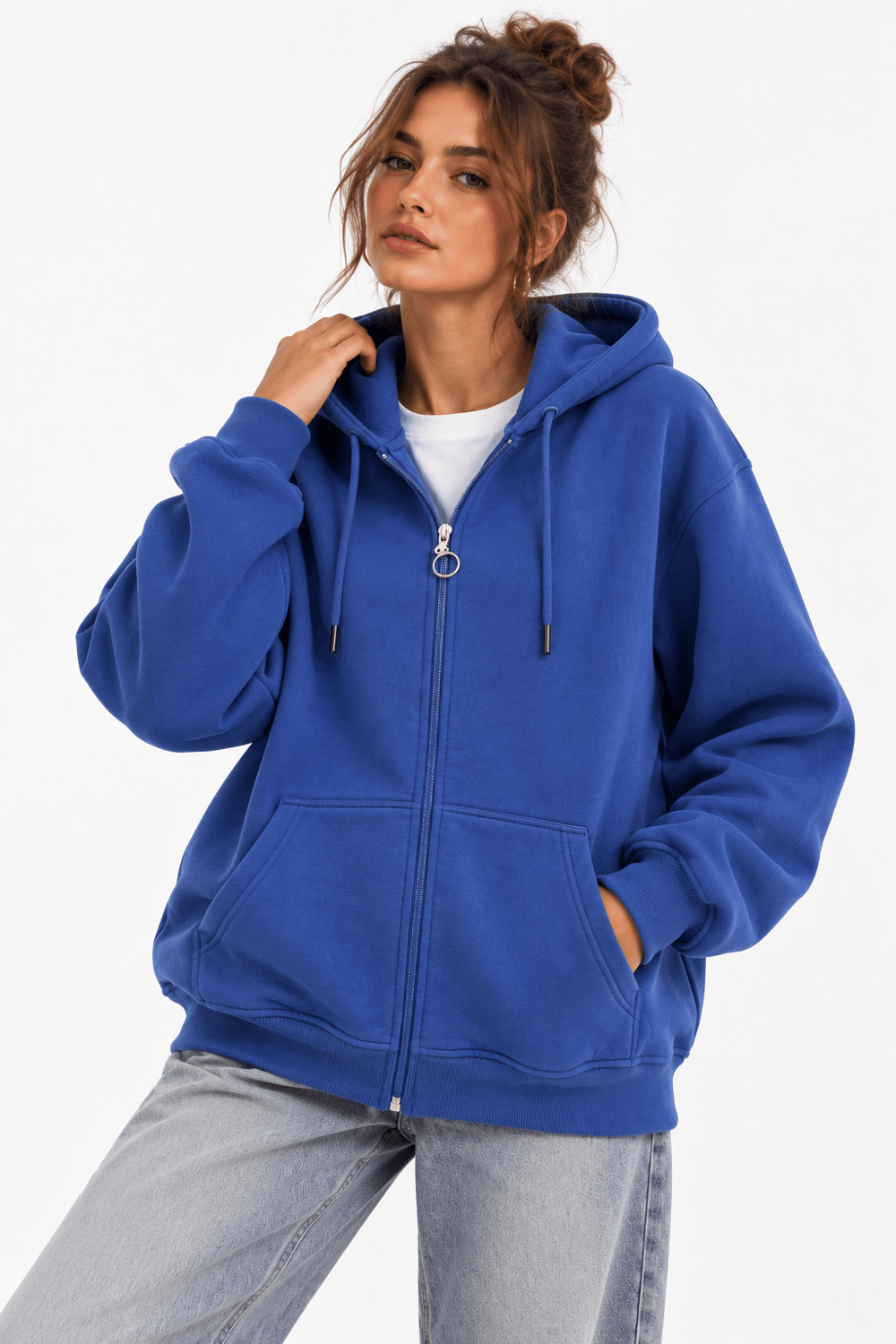 Kapüşonlu Fermuarlı Cepli Oversize Şardonlu Sweatshirt Lacivert