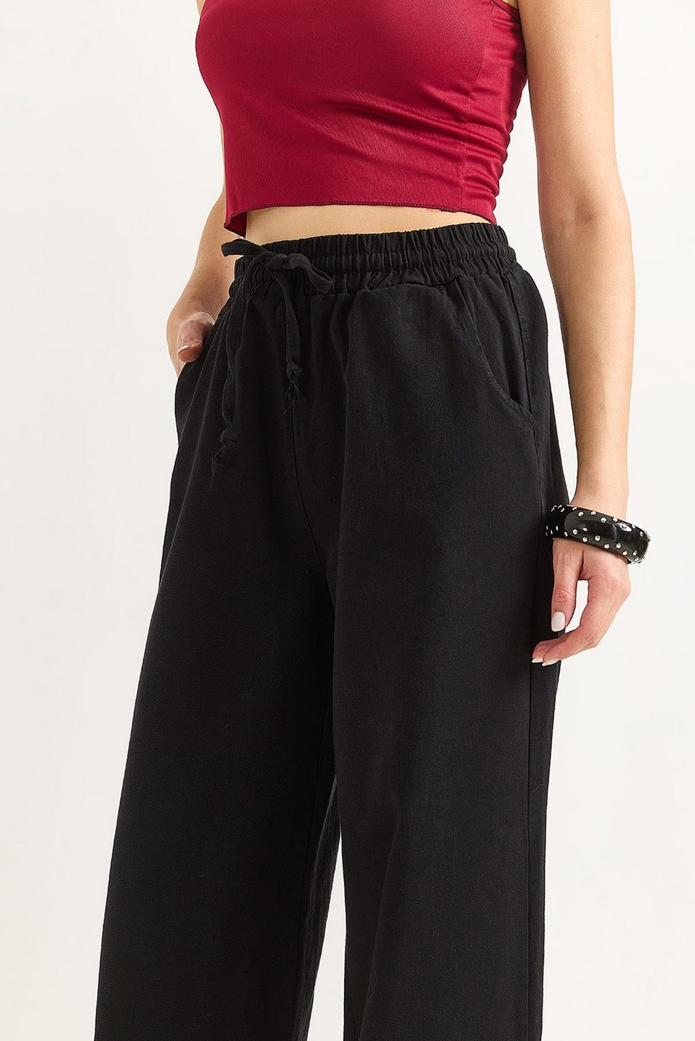 Kadın Pantalon Geniş Paça Bağcıklı  Pantalon Siyah