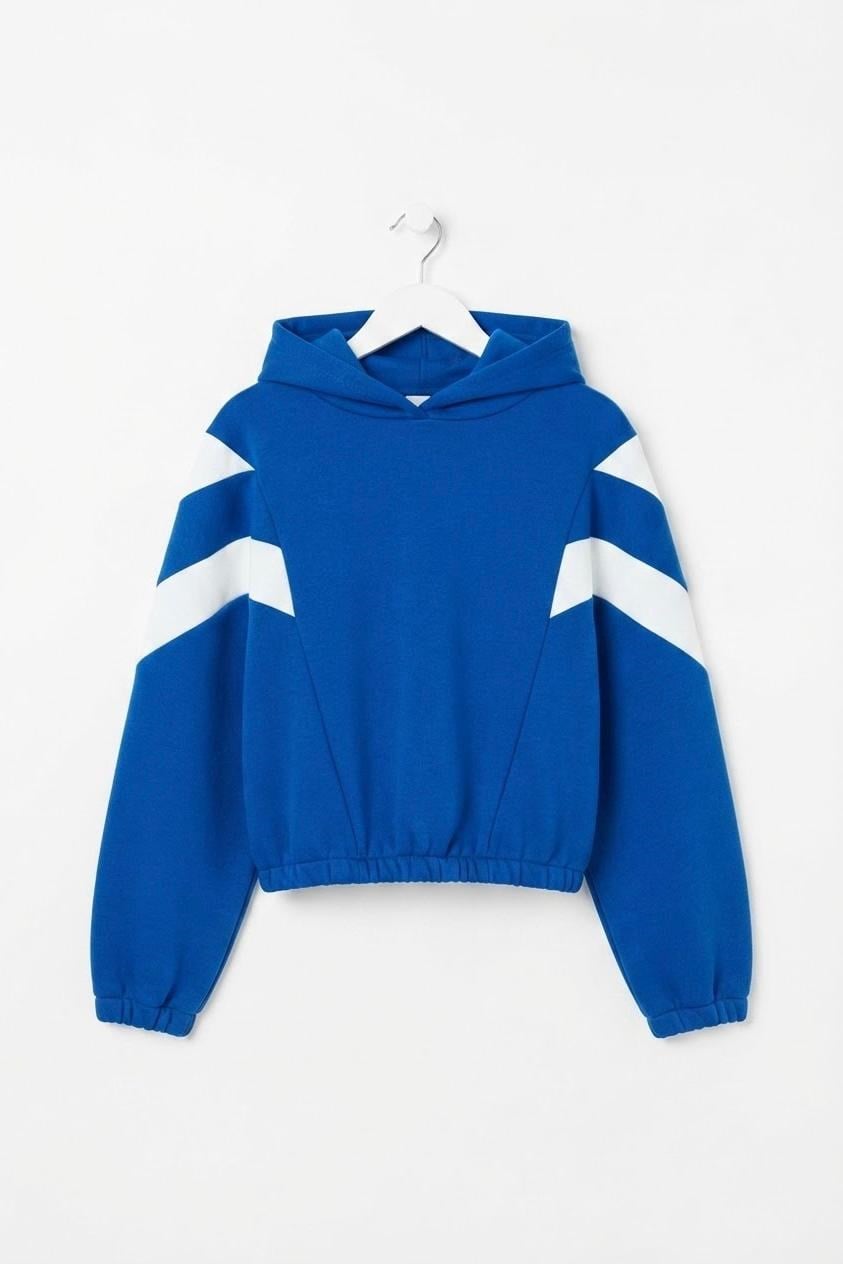 Kadın Beli Lastikli Şerit Detaylı Kapüşonlu Sweat Mavi