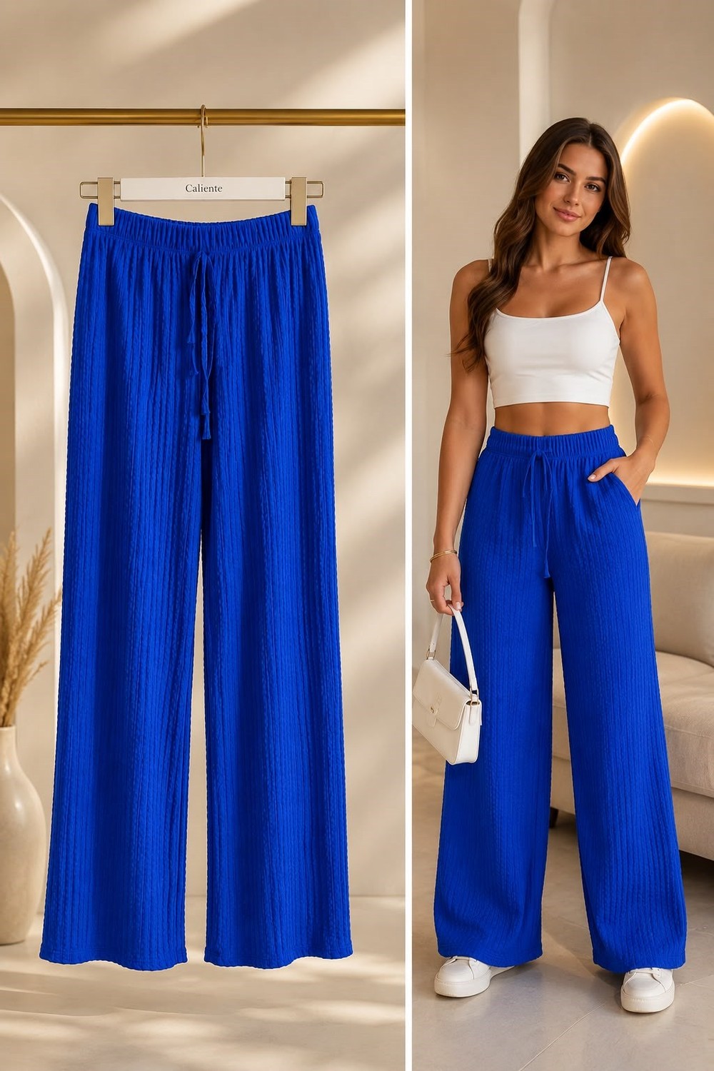 Kadın Bürümcük Kumaş Beli Lastikli Pantolon Saks